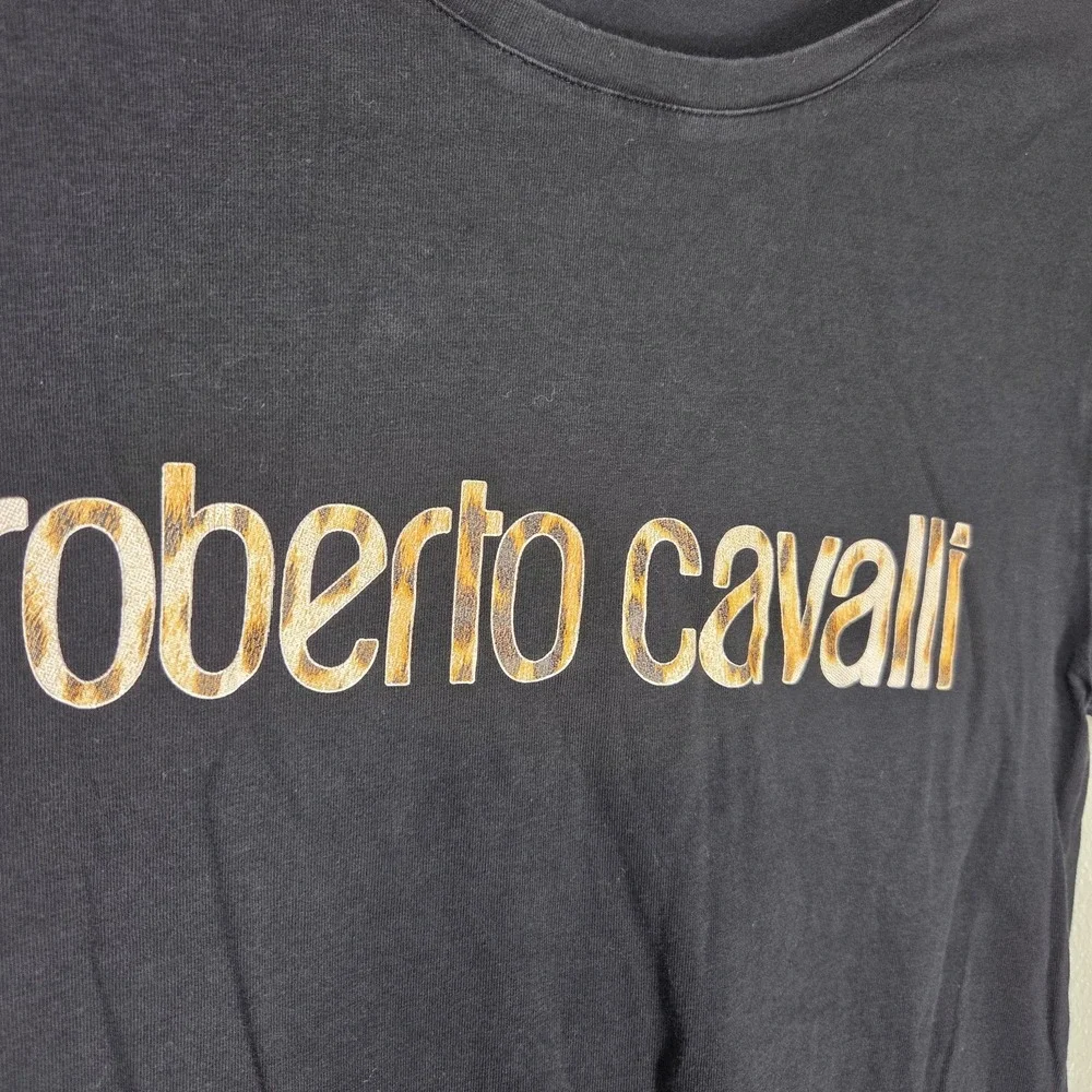 Roberto Cavalli Logo T Shirt Women's L Black Stretch Cotton Graphic Tee Italy